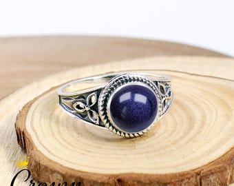 Blue Goldstone Minimalist Handmade Ring: 925 Sterling Silver Boho Jewelry