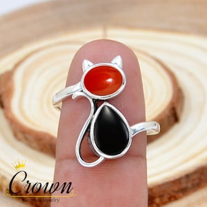 Red & Black Onyx Cat Ring - 925 Sterling Silver Animal Ring