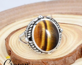 Handmade Tiger Eye 925 Sterling Silver Ring: Bohemian Leaf Design
