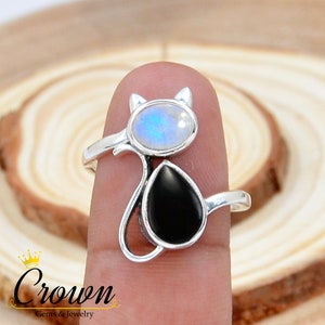 Moonstone & Black Onyx Cat Ring: 925 Sterling Silver Pet Ring