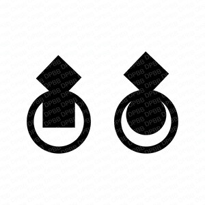 Op de afbeelding: Twee zwarte geometrische ontwerpen op een witte achtergrond. Elk ontwerp heeft een ruitvorm bovenop een cirkel. Eén cirkel bevat een vierkant, de andere een halve maan. De ontwerpen zijn eenvoudig en modern.