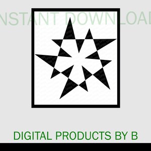 May include: A black and white geometric starburst design within a black square frame. The words "INSTANT DOWNLOAD" are at the top, and "DIGITAL PRODUCTS BY B" are at the bottom.