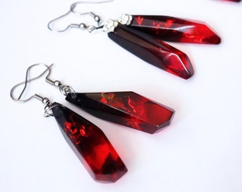 Black Red Vampire Dangle Earrings, Blood Red Modern Goth Long Resin Earrings, Victorian Drop Blood Dark Gift for Her, Red Black Crystal Gift