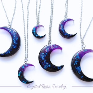 Black Purple Violet Crescent Moon Necklace, Half Moon Choker with Glitter Blue Glowing, Celestial Ombre Moon Gift for Gothic Victorian Style