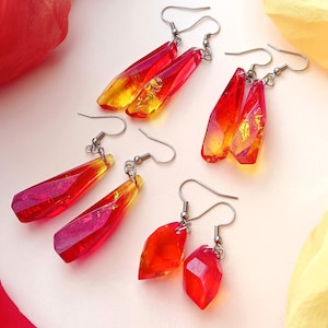 Fire Resin Earrings Red Orange Yellow Ombre, Statement Sparkling Gift, Burning Flame Crystal, Fire Fairy Fantasy, Hippie Sunny Gift for Her
