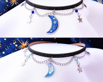 Galaxy Moon and Star Choker, Whimsigoth Glitter Astrology Chain Neklace, Silver Crescent Moon gift for Her, Celestial Dangle Layered Choker