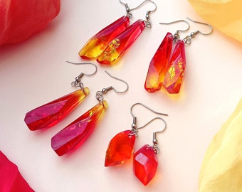 Fire Resin Earrings Red Orange Yellow Ombre, Statement Sparkling Gift, Burning Flame Crystal, Fire Fairy Fantasy, Hippie Sunny Gift for Her