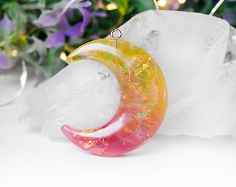 Fire resin magic moon pendant in red orange yellow color with sparkling, heat moon necklace, burning necklace, fire moon pendant
