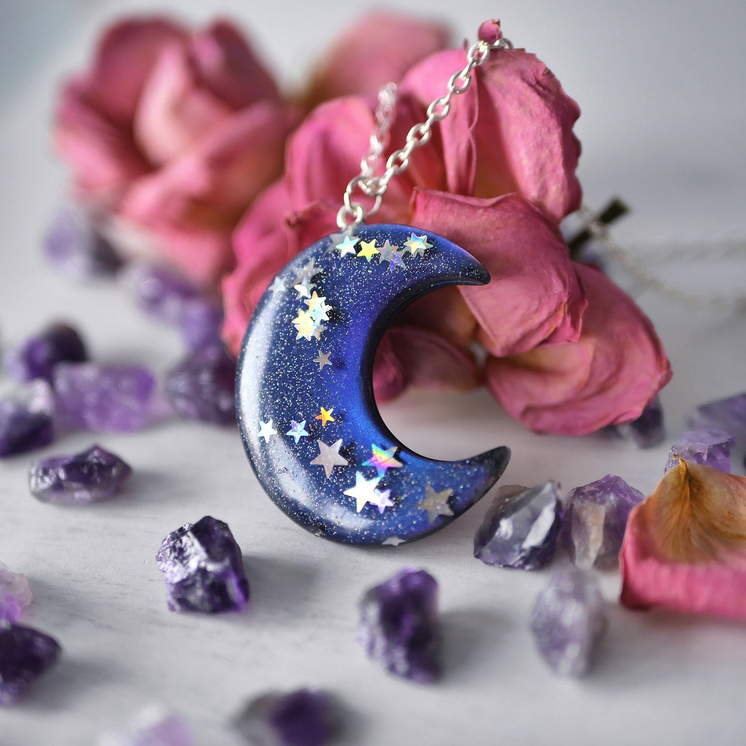 Dark Blue Crescent Moon Pendant With Silver Stars, Dark Moon With