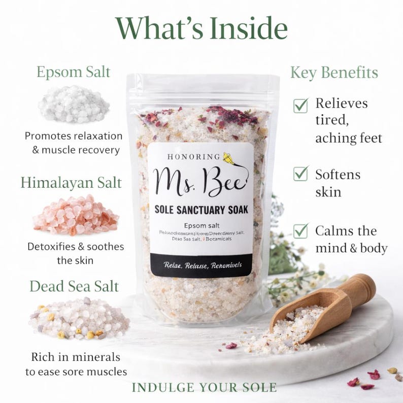 May include: A clear bag of Ms. Bee Sole Sanctuary Soak with Epsom, Himalayan, and Dead Sea salts. The label says it relieves tired feet, softens skin, and calms the mind and body. A wooden scoop and scattered salts are also visible.