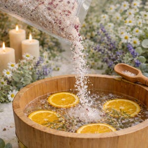 May include: A wooden tub with water, orange slices, and herbs. A hand pours bath salts from a clear bag into the water. Lit candles and flowers are in the background, creating a spa-like atmosphere.