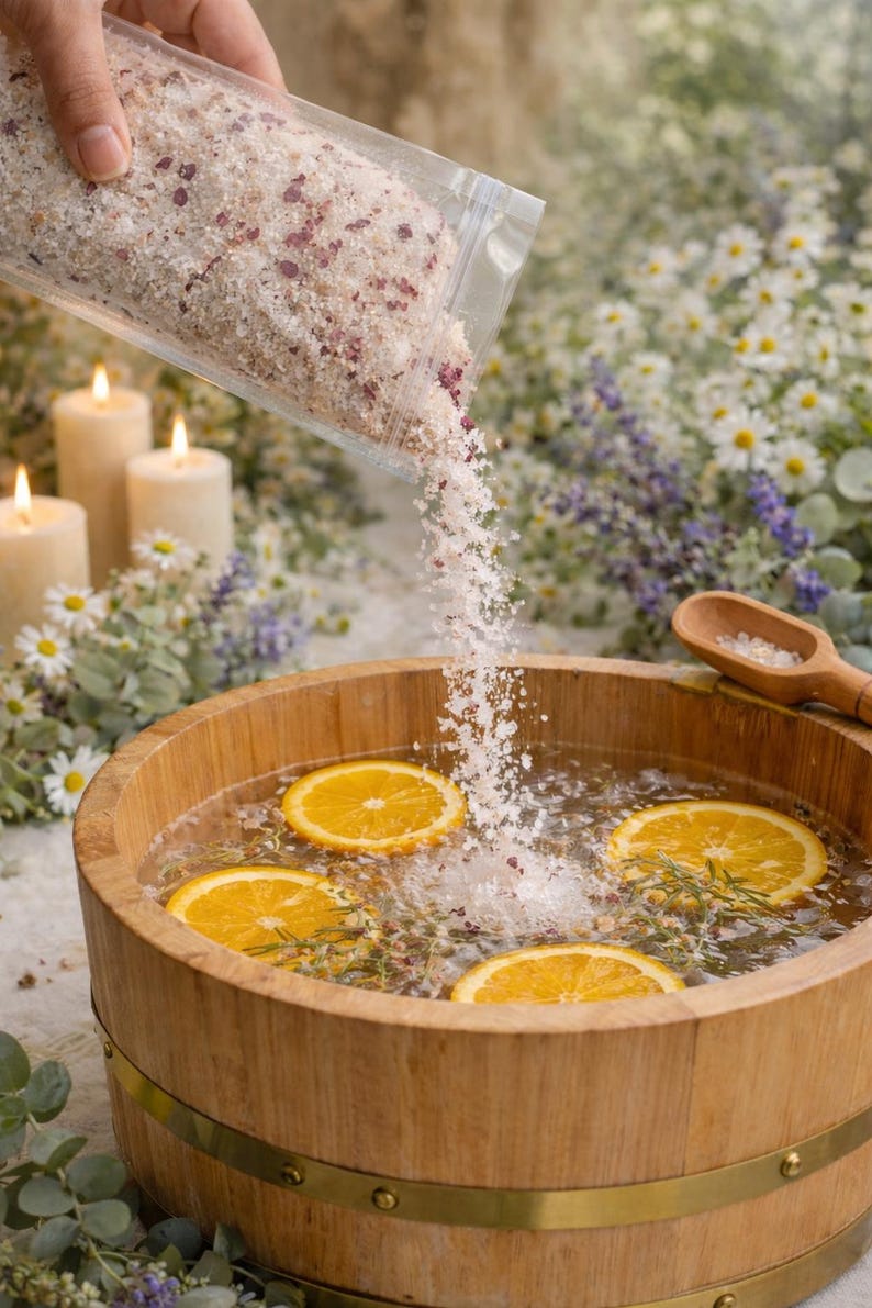 May include: A wooden tub with water, orange slices, and herbs. A hand pours bath salts from a clear bag into the water. Lit candles and flowers are in the background, creating a spa-like atmosphere.