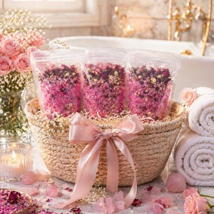 May include: A woven basket holds three clear bags filled with pink bath salts and dried flowers. A large pink satin bow adorns the front of the basket. The scene includes pink roses, candles, and rose quartz crystals, creating a spa-like atmosphere.