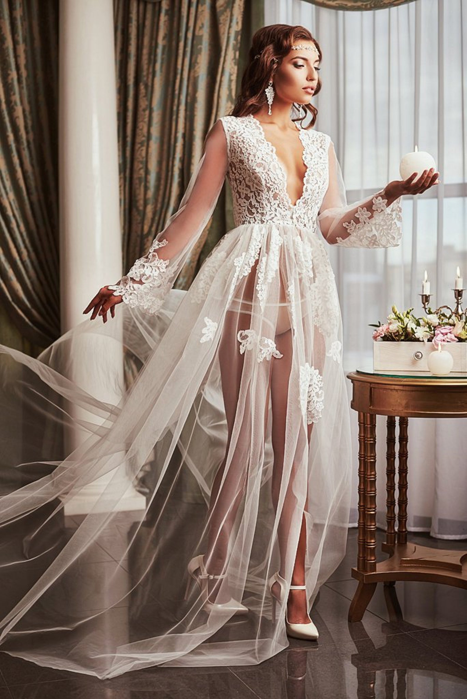 Boudoir Dress Bridal Lace Gown Bridal Tulle Robe Etsy