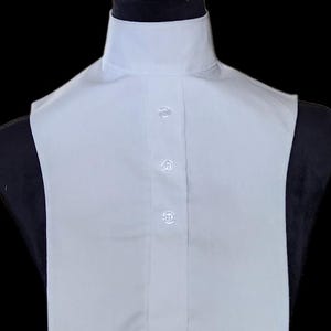 Op de afbeelding: Een witte afneembare kraag met een hoge, ronde halslijn en een knoopsluiting. De kraag is gemaakt van een gladde, knisperende stof en wordt getoond op een zwarte mannequin. De achtergrond is effen zwart.