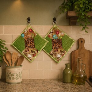 May include: Two square quilted pot holders with a coffee theme hang on a kitchen wall. The pot holders have a green and white checkered border, with a central design of coffee beans and coffee cups. The background is a light beige tile.