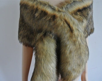 brown with black tip faux fur bridal wrap Fur Wrap Bridal Faux Fur Stole bridal Fur Shawl Cape wedding faux fur wrap shrug