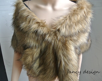 brown with black tip faux fur bridal wrap Fur Wrap Bridal Faux Fur Stole bridal Fur Shawl Cape wedding faux fur wrap shrug