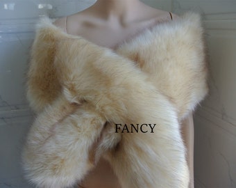cream champagne with brown tip faux fur bridal wrap Bridal Faux Fur Stole bridal Fur Shawl Cape wedding faux fur wrap shrug