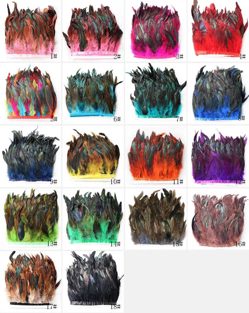 May include: Assortment of 18 feather trims in various colors, including red, pink, blue, green, yellow, orange, purple, and brown. Each trim is approximately 1 inch wide and features a variety of feather lengths.