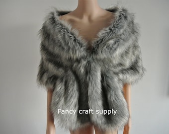 gray with black tip faux fur bridal wrap Fur Wrap Bridal Faux Fur Stole bridal Fur Shawl Cape wedding faux fur wrap shrug