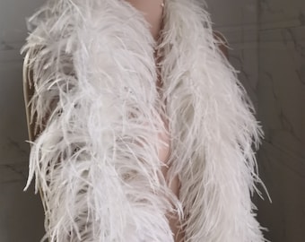 Puede incluir: Boa de plumas de avestruz blancas. La boa es larga y esponjosa, y está drapeada sobre un maniquí. La palabra "Fancy" está impresa en la boa.