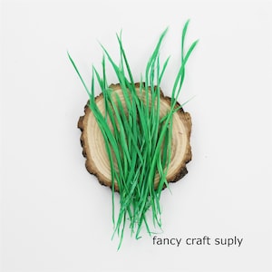 Può includere: Un ciuffo di erba artificiale verde su una fetta di legno. L'erba è disposta a ventaglio. Il testo "fancy craft supply" è visibile nella parte inferiore dell'immagine.