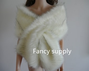 ivory with black tip faux fur bridal wrap Fur Wrap Bridal Faux Fur Stole bridal Fur Shawl Cape wedding faux fur wrap shrug very soft