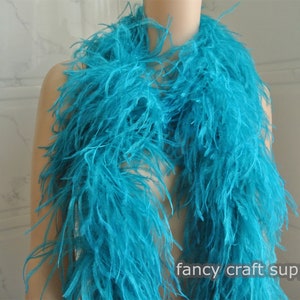 Op de afbeelding: Een turquoise blauwe verenboa. De boa is lang en pluche, en perfect om een vleugje glamour toe te voegen aan elke outfit.