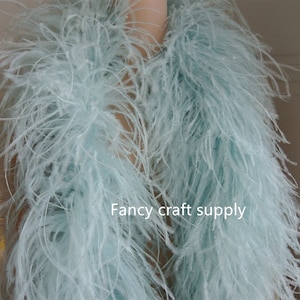 Pode incluir: Um boa de penas de avestruz azul claro. O boa é longo e macio, e é perfeito para adicionar um toque de glamour a qualquer roupa.  "Fancy craft supply" está impresso no boa.