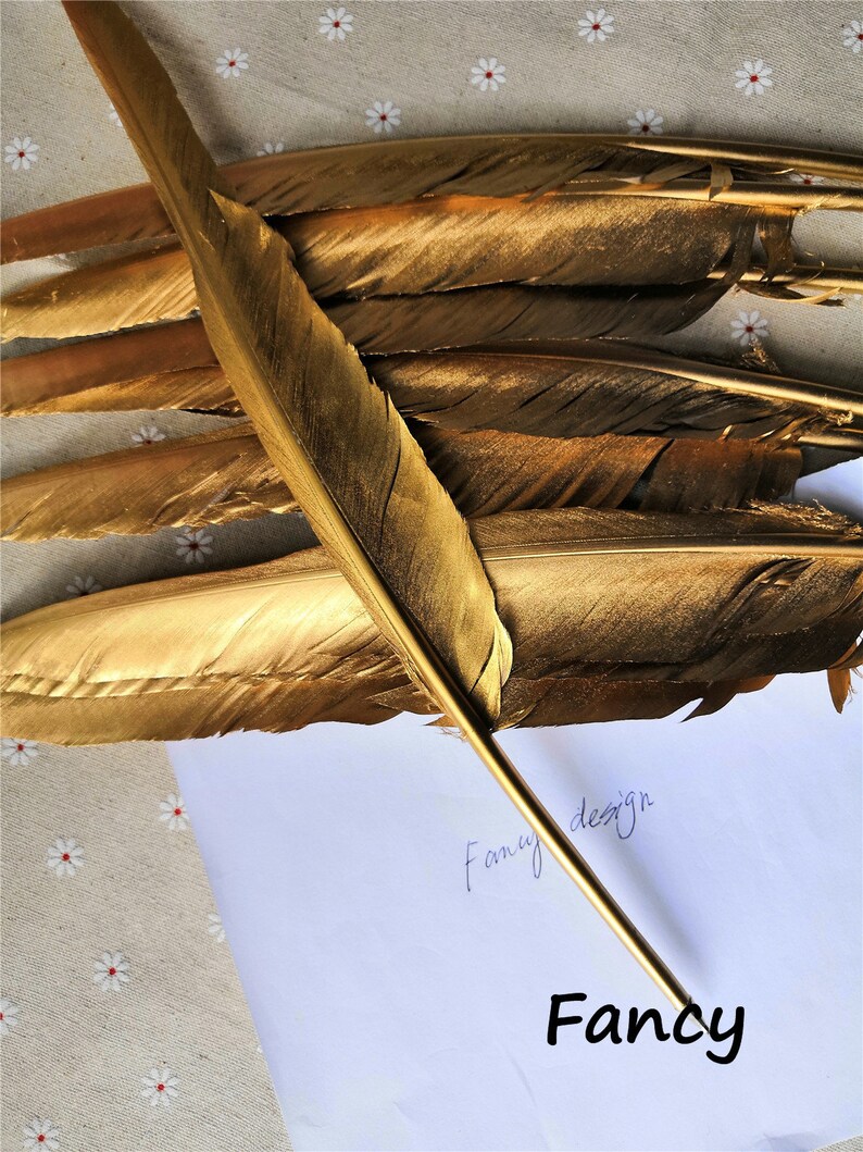 Alvinlite Feather Quill Signing Pen - Ostrich Feather, Metal Holder, Wedding Guest Book Pen (Gold Base)