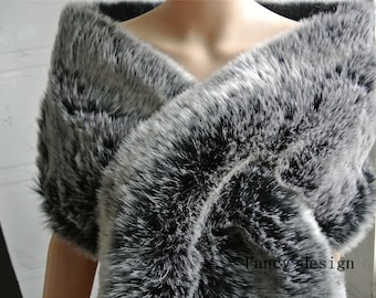 black with white tip faux fur bridal wrap Bridal Faux Fur Stole bridal Fur Shawl Cape wedding faux fur wrap shrug