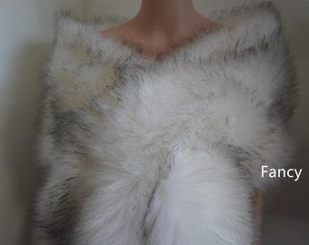 white with black tip faux fur bridal wrap Fur Wrap Bridal Faux Fur Stole bridal Fur Shawl Cape wedding faux fur wrap shrug