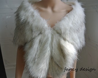 white with black tip faux fur bridal wrap Fur Wrap Bridal Faux Fur Stole bridal Fur Shawl Cape wedding faux fur wrap shrug