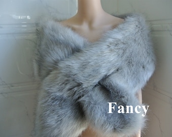 light gray with black tip faux fur bridal wrap Bridal Faux Fur Stole bridal Fur Shawl Cape wedding faux fur wrap shrug