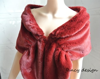 wine red burgundy faux fur bridal wrap Fur Wrap Bridal Faux Fur Stole bridal Fur Shawl Cape wedding faux fur wrap shrug
