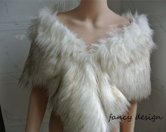 ivory with brown tip faux fur bridal wrap Fur Wrap Bridal Faux Fur Stole bridal Fur Shawl Cape wedding faux fur wrap shrug