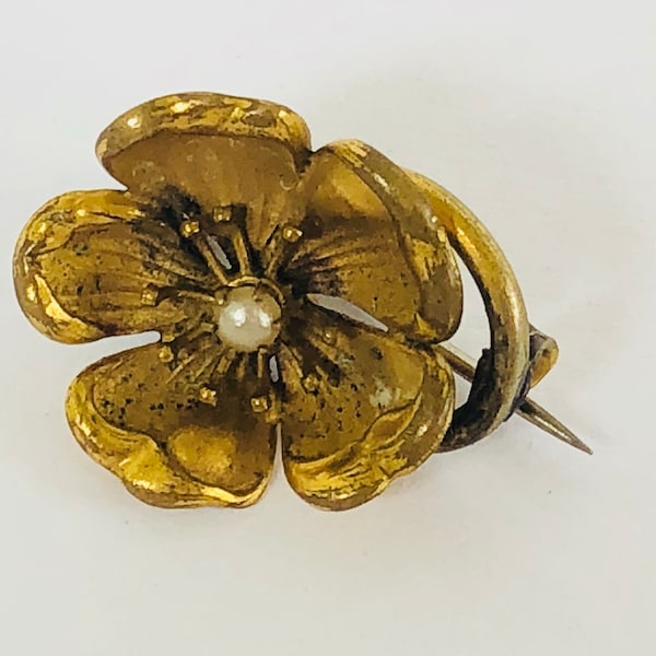 Antique Flower Brooch Pin Signed PS CO PSCO Plainville Stock Company Gold Metal Pearl Accent