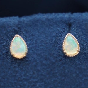 14K Gold Genuine Opal Earrings, Dainty Opal Studs, Pear Opal Earrings, Tiny Studs, Minimalist Earrings, Australian Opal, Birthstone Earrings
