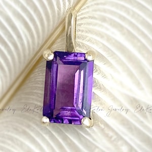 14K Gold Amethyst Pendant: Emerald Cut Solitaire Necklace