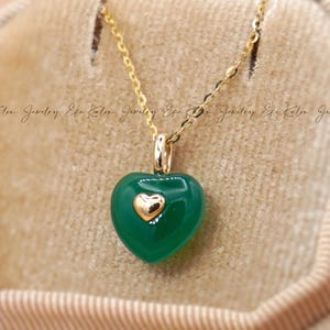 14K Gold Green Chalcedony Heart Pendant - Natural Gemstone Jewelry