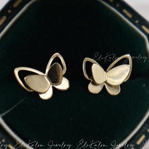 10K Solid Gold Double Butterfly Stud Earrings: Dainty Minimalist Style