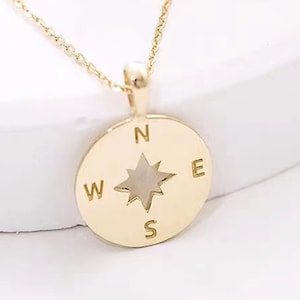 14K Solid Gold Compass Pendant, Compass Necklace, North Star Pendant, Polaris Pendant, Traveler Gift, Graduation Gift, Compass Jewelry