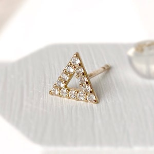 14K Gold Pave Diamond Triangle Stud Earrings: Geometric Minimalist Style
