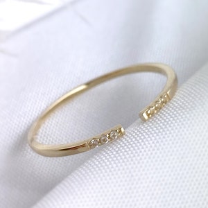 9k Solid Gold Open Cuff Ring: Dainty White Topaz Stacking Ring