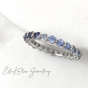 Ombré Natural Blue sapphire full eternity ring, stacking minimalist sterling silver, thin gold band ring