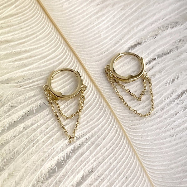 9K solid gold chain hoop earrings, chain huggie hoops, hoop with chain, dainty gold earrings, chain tassel earrings, drop chain hoops