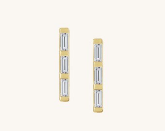 14K Gold Baguette Diamond Stud Earrings: Geometric Bar Cluster