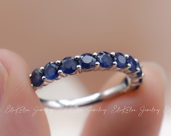 14K Gold Sapphire Ring: Semi Eternity Wedding Band