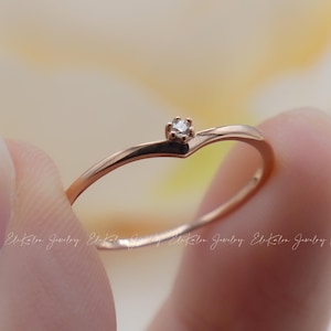 10k Solid Gold Diamond Chevron Ring: Stackable V Shape Band